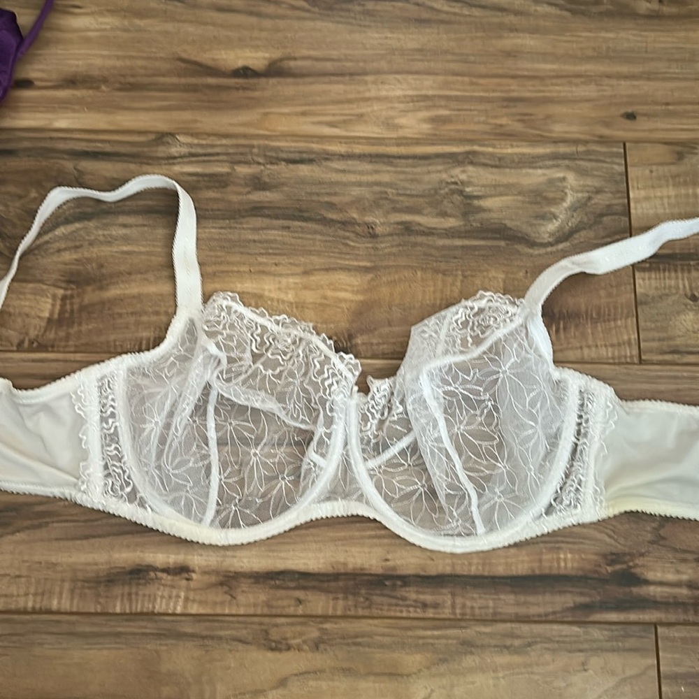 Gorteks (Euro 90G) sheer white embroidered underwire lace bra US 40E (40DD)